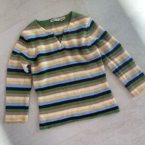 ENERGIE - Women’s Green, Blue & Yellow Striped V-Neck Sweater - Size S